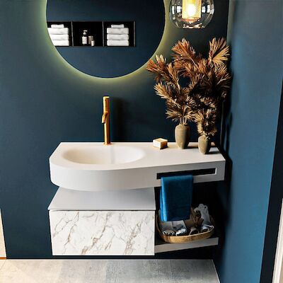 MONDIAZ RIVA 100cm badmeubel onderkast / planchet kleur carrara met 1 lade. Wastafel DULCET links 1 kraangat kleur Talc.