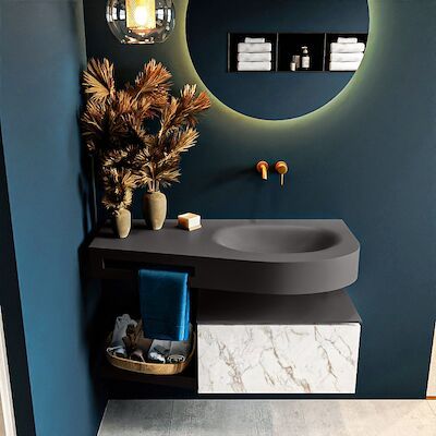 MONDIAZ RIVA 100cm badmeubel onderkast / planchet kleur carrara met 1 lade. Wastafel DULCET rechts 0 kraangaten kleur Dark_Grey.