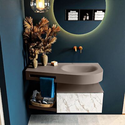 MONDIAZ RIVA 100cm badmeubel onderkast / planchet kleur carrara met 1 lade. Wastafel DULCET rechts 0 kraangaten kleur Smoke.