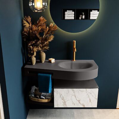 MONDIAZ RIVA 100cm badmeubel onderkast / planchet kleur carrara met 1 lade. Wastafel DULCET rechts 1 kraangat kleur Dark_Grey.