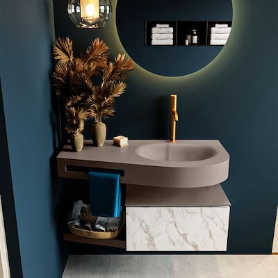 MONDIAZ RIVA 100cm badmeubel onderkast / planchet kleur carrara met 1 lade. Wastafel DULCET rechts 1 kraangat kleur Smoke.