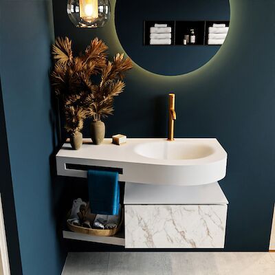 MONDIAZ RIVA 100cm badmeubel onderkast / planchet kleur carrara met 1 lade. Wastafel DULCET rechts 1 kraangat kleur Talc.