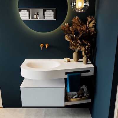 MONDIAZ RIVA 100cm badmeubel onderkast / planchet kleur Clay met 1 lade. Wastafel DULCET links 0 kraangaten kleur Talc.