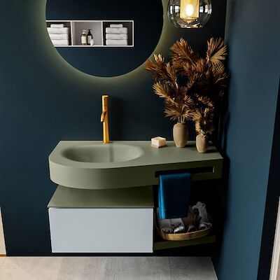 MONDIAZ RIVA 100cm badmeubel onderkast / planchet kleur Clay met 1 lade. Wastafel DULCET links 1 kraangat kleur Army.