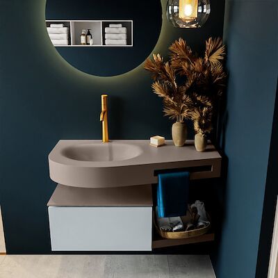 MONDIAZ RIVA 100cm badmeubel onderkast / planchet kleur Clay met 1 lade. Wastafel DULCET links 1 kraangat kleur Smoke.