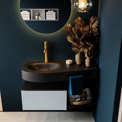MONDIAZ RIVA 100cm badmeubel onderkast / planchet kleur Clay met 1 lade. Wastafel DULCET links 1 kraangat kleur Urban.