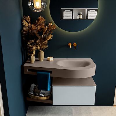 MONDIAZ RIVA 100cm badmeubel onderkast / planchet kleur Clay met 1 lade. Wastafel DULCET rechts 0 kraangaten kleur Smoke.