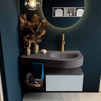 MONDIAZ RIVA 100cm badmeubel onderkast / planchet kleur Clay met 1 lade. Wastafel DULCET rechts 1 kraangat kleur Dark_Grey.