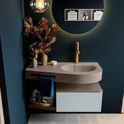 MONDIAZ RIVA 100cm badmeubel onderkast / planchet kleur Clay met 1 lade. Wastafel DULCET rechts 1 kraangat kleur Smoke.