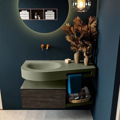 MONDIAZ RIVA 100cm badmeubel onderkast / planchet kleur Dark_Brown met 1 lade. Wastafel DULCET links 0 kraangaten kleur Army.