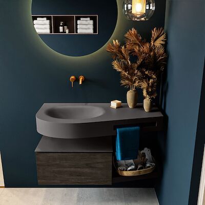 MONDIAZ RIVA 100cm badmeubel onderkast / planchet kleur Dark_Brown met 1 lade. Wastafel DULCET links 0 kraangaten kleur Dark_Grey.