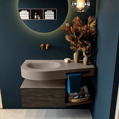 MONDIAZ RIVA 100cm badmeubel onderkast / planchet kleur Dark_Brown met 1 lade. Wastafel DULCET links 0 kraangaten kleur Smoke.