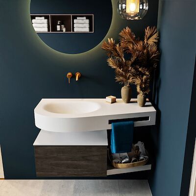 MONDIAZ RIVA 100cm badmeubel onderkast / planchet kleur Dark_Brown met 1 lade. Wastafel DULCET links 0 kraangaten kleur Talc.