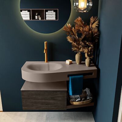 MONDIAZ RIVA 100cm badmeubel onderkast / planchet kleur Dark_Brown met 1 lade. Wastafel DULCET links 1 kraangat kleur Smoke.