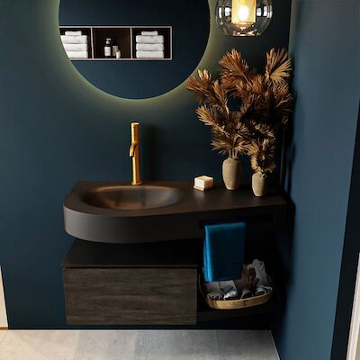 MONDIAZ RIVA 100cm badmeubel onderkast / planchet kleur Dark_Brown met 1 lade. Wastafel DULCET links 1 kraangat kleur Urban.