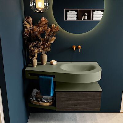 MONDIAZ RIVA 100cm badmeubel onderkast / planchet kleur Dark_Brown met 1 lade. Wastafel DULCET rechts 0 kraangaten kleur Army.