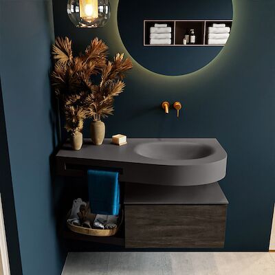 MONDIAZ RIVA 100cm badmeubel onderkast / planchet kleur Dark_Brown met 1 lade. Wastafel DULCET rechts 0 kraangaten kleur Dark_Grey.