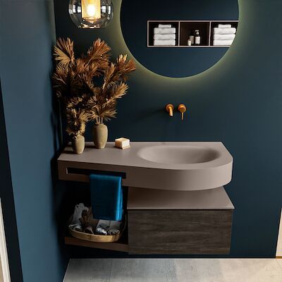 MONDIAZ RIVA 100cm badmeubel onderkast / planchet kleur Dark_Brown met 1 lade. Wastafel DULCET rechts 0 kraangaten kleur Smoke.