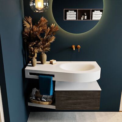 MONDIAZ RIVA 100cm badmeubel onderkast / planchet kleur Dark_Brown met 1 lade. Wastafel DULCET rechts 0 kraangaten kleur Talc.