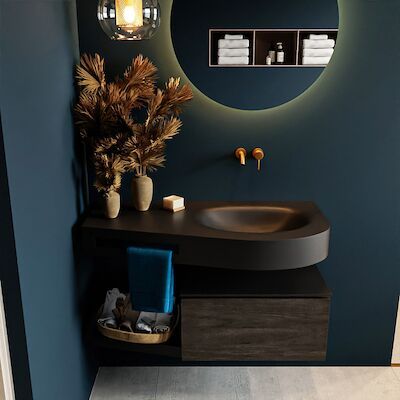 MONDIAZ RIVA 100cm badmeubel onderkast / planchet kleur Dark_Brown met 1 lade. Wastafel DULCET rechts 0 kraangaten kleur Urban.