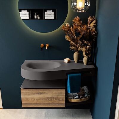 MONDIAZ RIVA 100cm badmeubel onderkast / planchet kleur Dark_Brown_Grey met 1 lade. Wastafel DULCET links 0 kraangaten kleur Dark_Grey.