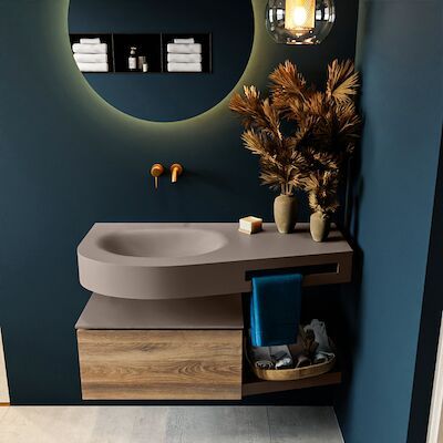 MONDIAZ RIVA 100cm badmeubel onderkast / planchet kleur Dark_Brown_Grey met 1 lade. Wastafel DULCET links 0 kraangaten kleur Smoke.