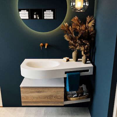 MONDIAZ RIVA 100cm badmeubel onderkast / planchet kleur Dark_Brown_Grey met 1 lade. Wastafel DULCET links 0 kraangaten kleur Talc.