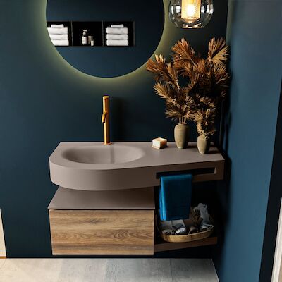 MONDIAZ RIVA 100cm badmeubel onderkast / planchet kleur Dark_Brown_Grey met 1 lade. Wastafel DULCET links 1 kraangat kleur Smoke.