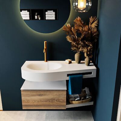 MONDIAZ RIVA 100cm badmeubel onderkast / planchet kleur Dark_Brown_Grey met 1 lade. Wastafel DULCET links 1 kraangat kleur Talc.