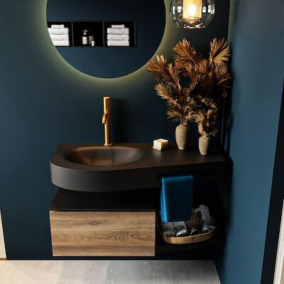 MONDIAZ RIVA 100cm badmeubel onderkast / planchet kleur Dark_Brown_Grey met 1 lade. Wastafel DULCET links 1 kraangat kleur Urban.