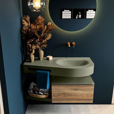 MONDIAZ RIVA 100cm badmeubel onderkast / planchet kleur Dark_Brown_Grey met 1 lade. Wastafel DULCET rechts 0 kraangaten kleur Army.