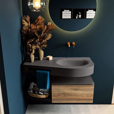 MONDIAZ RIVA 100cm badmeubel onderkast / planchet kleur Dark_Brown_Grey met 1 lade. Wastafel DULCET rechts 0 kraangaten kleur Dark_Grey.