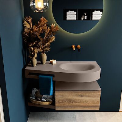 MONDIAZ RIVA 100cm badmeubel onderkast / planchet kleur Dark_Brown_Grey met 1 lade. Wastafel DULCET rechts 0 kraangaten kleur Smoke.