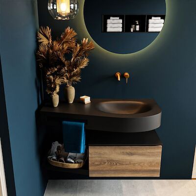 MONDIAZ RIVA 100cm badmeubel onderkast / planchet kleur Dark_Brown_Grey met 1 lade. Wastafel DULCET rechts 0 kraangaten kleur Urban.