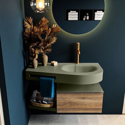 MONDIAZ RIVA 100cm badmeubel onderkast / planchet kleur Dark_Brown_Grey met 1 lade. Wastafel DULCET rechts 1 kraangat kleur Army.