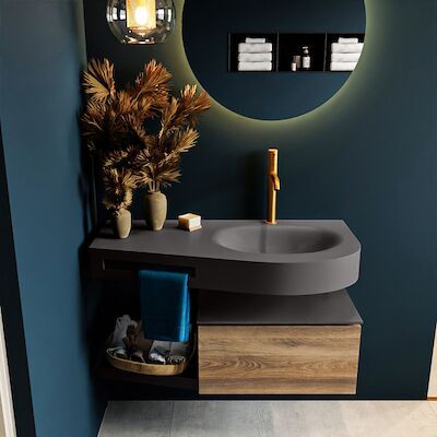MONDIAZ RIVA 100cm badmeubel onderkast / planchet kleur Dark_Brown_Grey met 1 lade. Wastafel DULCET rechts 1 kraangat kleur Dark_Grey.