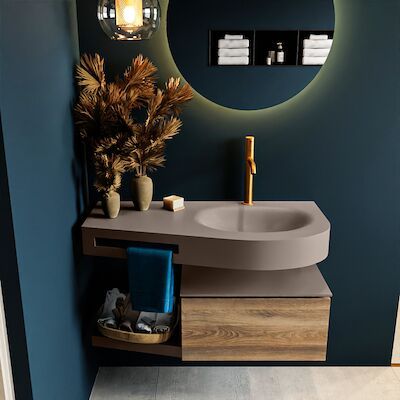 MONDIAZ RIVA 100cm badmeubel onderkast / planchet kleur Dark_Brown_Grey met 1 lade. Wastafel DULCET rechts 1 kraangat kleur Smoke.
