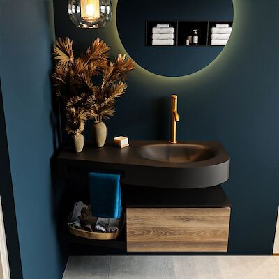 MONDIAZ RIVA 100cm badmeubel onderkast / planchet kleur Dark_Brown_Grey met 1 lade. Wastafel DULCET rechts 1 kraangat kleur Urban.