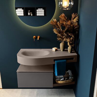 MONDIAZ RIVA 100cm badmeubel onderkast / planchet kleur Dark_Grey met 1 lade. Wastafel DULCET links 0 kraangaten kleur Smoke.
