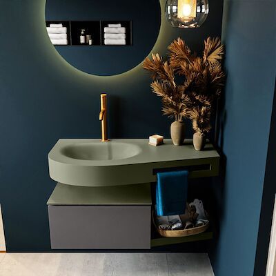 MONDIAZ RIVA 100cm badmeubel onderkast / planchet kleur Dark_Grey met 1 lade. Wastafel DULCET links 1 kraangat kleur Army.