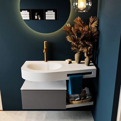 MONDIAZ RIVA 100cm badmeubel onderkast / planchet kleur Dark_Grey met 1 lade. Wastafel DULCET links 1 kraangat kleur Talc.