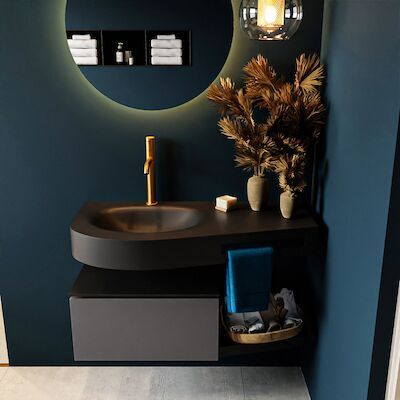 MONDIAZ RIVA 100cm badmeubel onderkast / planchet kleur Dark_Grey met 1 lade. Wastafel DULCET links 1 kraangat kleur Urban.