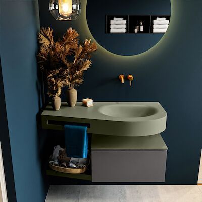 MONDIAZ RIVA 100cm badmeubel onderkast / planchet kleur Dark_Grey met 1 lade. Wastafel DULCET rechts 0 kraangaten kleur Army.
