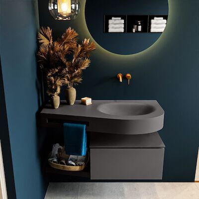 MONDIAZ RIVA 100cm badmeubel onderkast / planchet kleur Dark_Grey met 1 lade. Wastafel DULCET rechts 0 kraangaten kleur Dark_Grey.