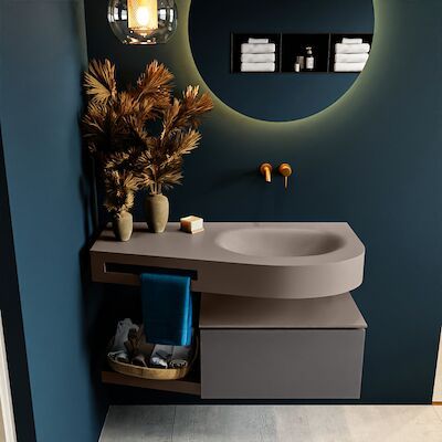 MONDIAZ RIVA 100cm badmeubel onderkast / planchet kleur Dark_Grey met 1 lade. Wastafel DULCET rechts 0 kraangaten kleur Smoke.