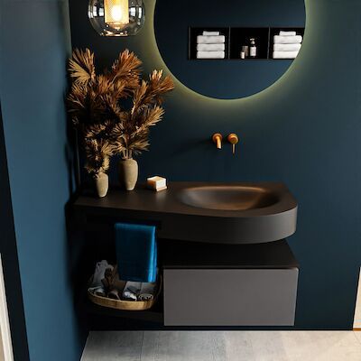 MONDIAZ RIVA 100cm badmeubel onderkast / planchet kleur Dark_Grey met 1 lade. Wastafel DULCET rechts 0 kraangaten kleur Urban.