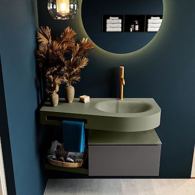 MONDIAZ RIVA 100cm badmeubel onderkast / planchet kleur Dark_Grey met 1 lade. Wastafel DULCET rechts 1 kraangat kleur Army.
