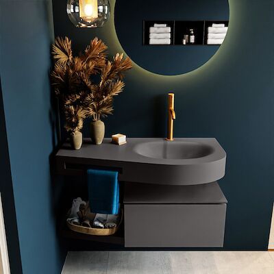MONDIAZ RIVA 100cm badmeubel onderkast / planchet kleur Dark_Grey met 1 lade. Wastafel DULCET rechts 1 kraangat kleur Dark_Grey.