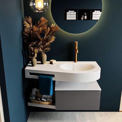MONDIAZ RIVA 100cm badmeubel onderkast / planchet kleur Dark_Grey met 1 lade. Wastafel DULCET rechts 1 kraangat kleur Talc.