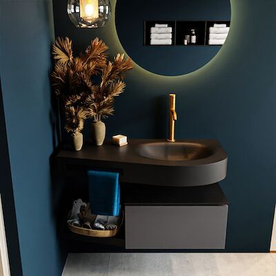 MONDIAZ RIVA 100cm badmeubel onderkast / planchet kleur Dark_Grey met 1 lade. Wastafel DULCET rechts 1 kraangat kleur Urban.